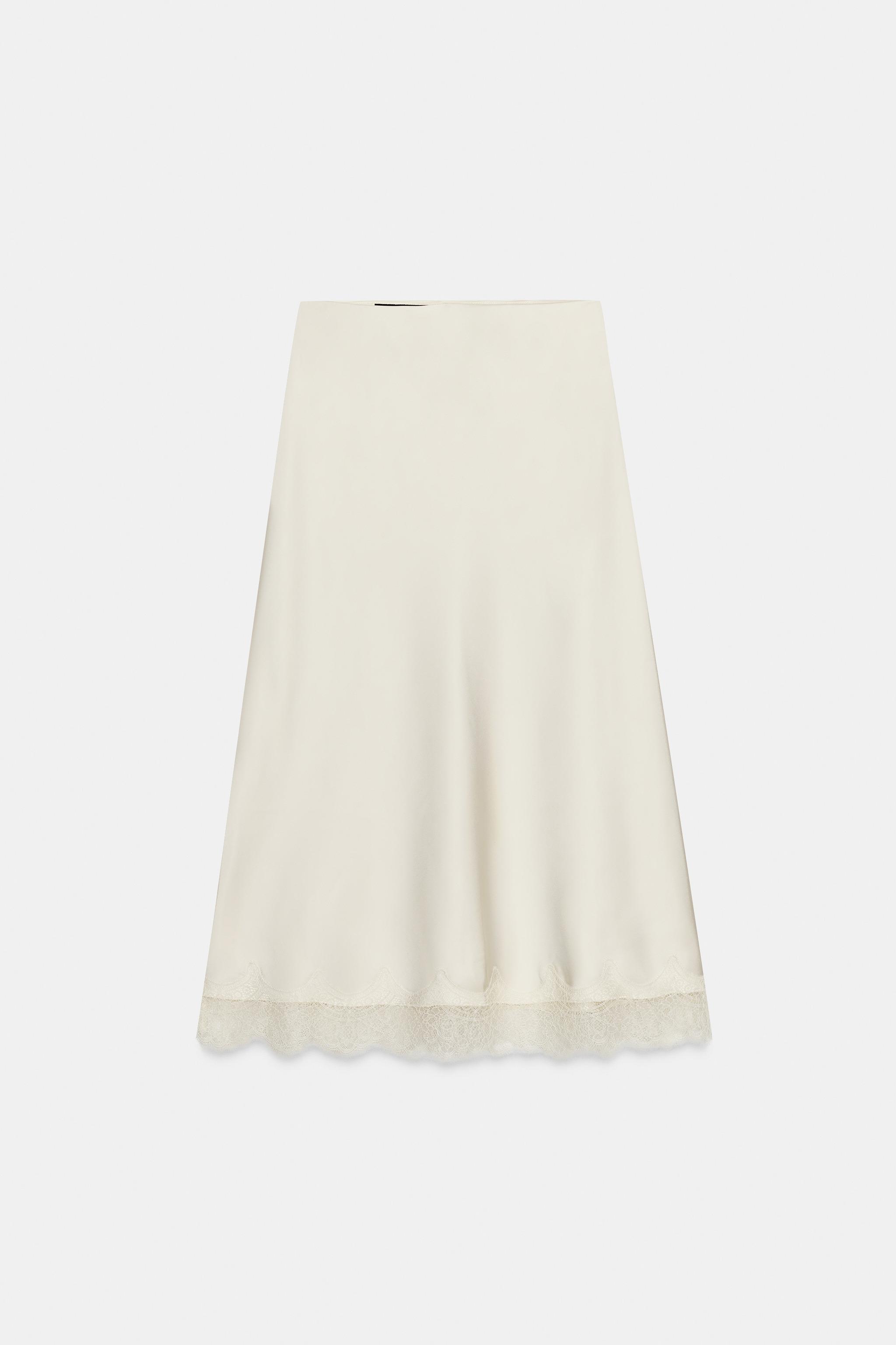 SATIN EFFECT LACE MIDI SKIRT